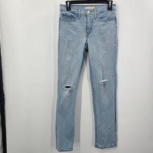 Levis 314 Shaping Straight Jeans Womens 27 Light Wash Distressed Blue Denim